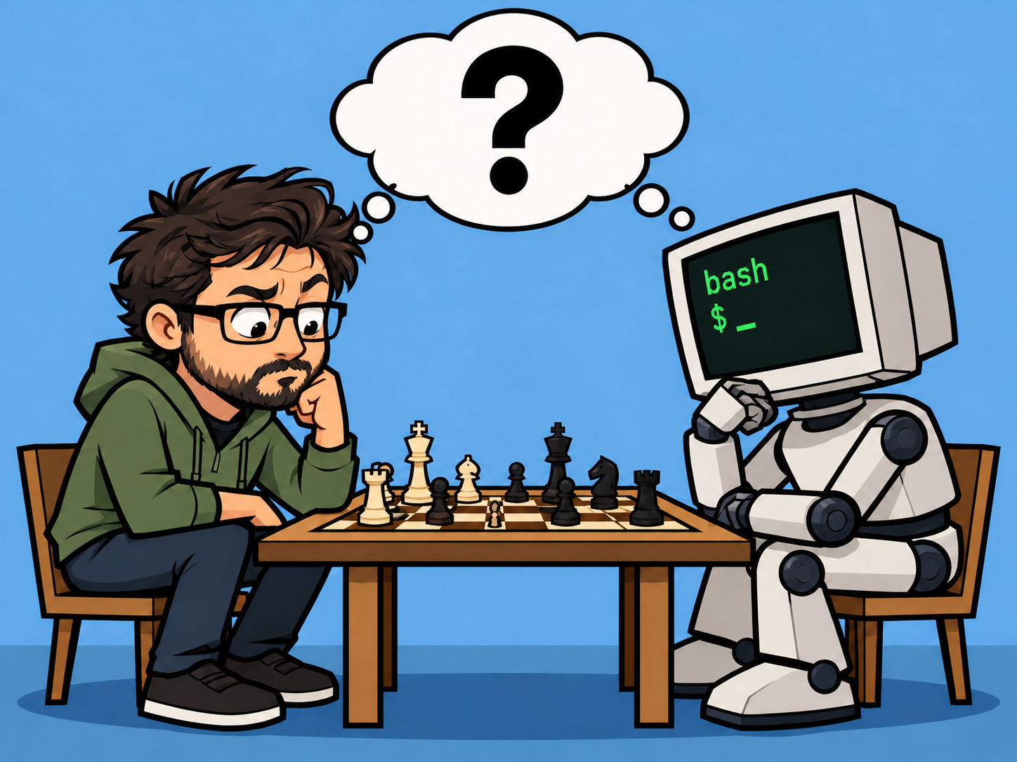 Cartoon of Tony, on the left, looking quizzically at a chessboard opposite a robot with a Bash terminal for a head; both share a thought bubble with a question mark.